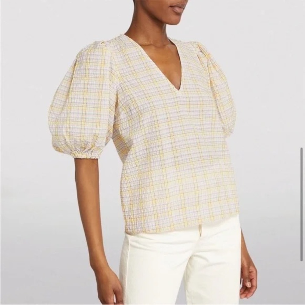 Ganni Checkered Seersucker V-Neck Blouse Multicolour